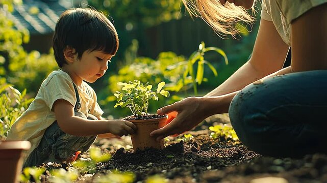 Mother and Son Planting a Sapling in the Garden