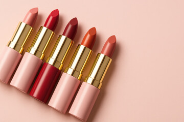 Variety of luxury lipsticks in elegant shades arranged on minimalist background