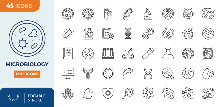 Microbiology icon set. Outline Icon Collection. Vector illustration. Editable stroke	