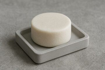 Natural solid shampoo bar on minimalist gray soap dish for eco friendly hair care