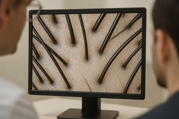 Two people observing magnified hair follicles on computer screen in detail