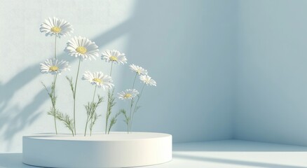 A minimalist display featuring a cluster of white daisies on a white pedestal against a light blue background.