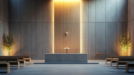 Contemporary Chapel Interior with Concrete Walls and Soft Lighting