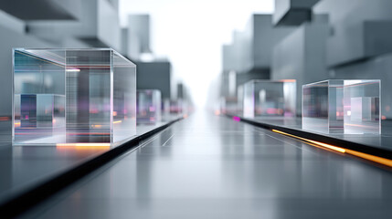 Modern, futuristic city street lined with transparent glass boxes.  Dynamic, technological architecture