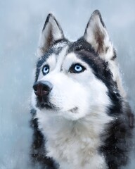 Naklejka premium Realistic Portrait of a Husky Dog with Striking Blue Eyes in a Snowy Background