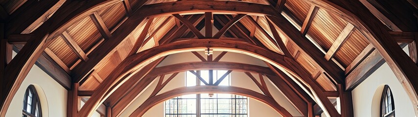 Obraz premium Dramatic Vaulted Ceiling in an Old Church Interior with Wooden Beams