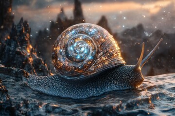 A 3D alien snail with a crystal shell filled with swirling galaxies, slowly gliding across a liquid metal landscape under a cosmic sky,  created by ai