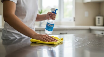 Adult female cleaning a kitchen counter with a spray bottle and yellow cloth, wiping away dirt and grime in a bright kitchen environment.