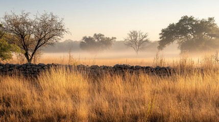Sunrise mist over a golden field with a stone wall