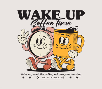 Funny cartoon retro alarm clock and coffee mug character in colorful hand-drawn style. Perfect for T-shirts, stickers, and morning themed designs. Vector illustration