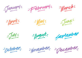 January, February, March, April, May, June, July, August, September, October, November, December months. colorful month names concept