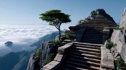 Stone Relic Above Clouds on Mountain Ridge ,fantasy World, Fantasy Landscape