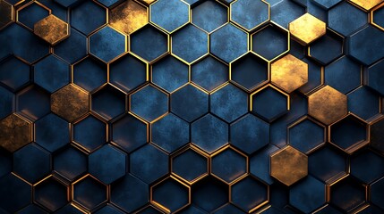 Hexagonal arrangement with blue and gold accents