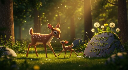 Enchanting forest scene with a deer family celebrating mother's day joyfully