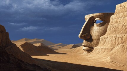 Solitary Sculpture of Face in Desert Setting ,fantasy World, Fantasy Landscape