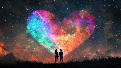 Fototapeta premium A loving couple stands under a vibrant cosmic heart in the starry night sky.