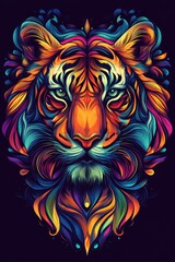 A vibrant, colorful, stylized tiger portrait with intricate floral details.