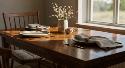 Rustic dining table, sunlight, minimalist aesthetic