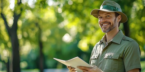 a man in a hat holding a book in a park