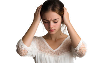 Young woman with a headache isolated on a transparent background, PNG file.
