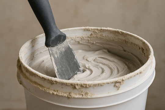 Freshly mixed gray plaster in bucket with trowel ready for application