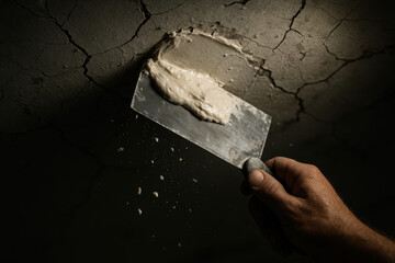 Hand applying plaster on cracked wall surface with trowel in low light