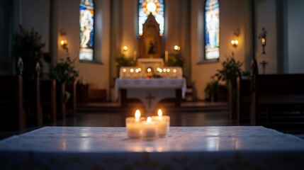 Serene Church Altar with Candles and Beautiful Stained Glass View