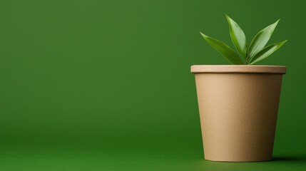 Fototapeta premium A small green plant with pointed leaves in a brown pot against a plain green background.