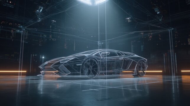 Wireframe Model of a Modern Sports Car in a Dark Studio