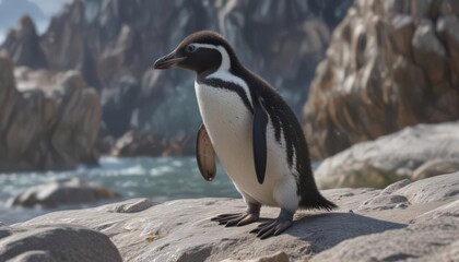 Fototapeta premium Humboldt penguin chick standing amongst rocks near the water , ornithology, animal portrait