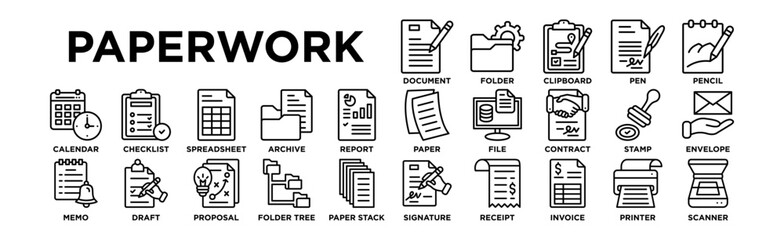 Paperwork icon set. Editable Stroke Icon Collection. Document, Folder, Clipboard, Pen, Pencil