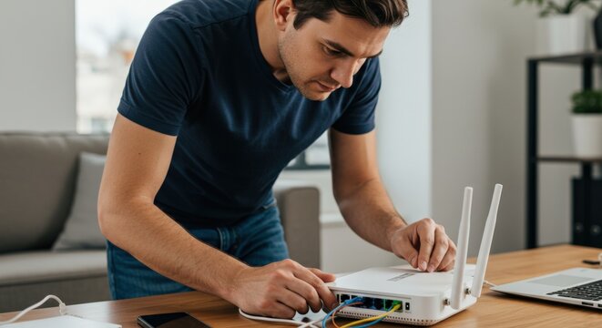 A focused white male in his 30s connects cables to a white Wi-Fi router on a wooden desk in a home or office setting, ensuring internet connectivity.