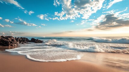 Calm ocean waves crashing on the shore with blue sky and fluffy clouds in the background