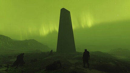 Alien landscape with obelisk