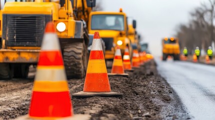 Orange traffic cones and construction vehicles line a road under repair, indicating active roadwork and safety measures.
