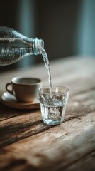Water being poured from a bottle into a glass on a wooden table