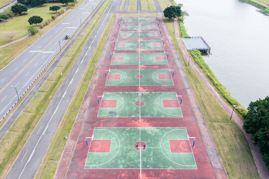 Aerial View of Waterfront Public Basketball Court Complex