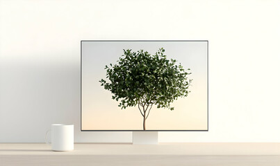 Obraz premium Modern Monitor with Tree Display on Minimalist Desk Setting