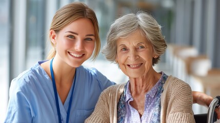 A cheerful Japanese caregiver stands beside an elderly person in a wheelchair, both smiling warmly in a sunny care facility garden.  
