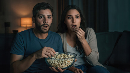 A young couple watches a movie at night, sharing a bowl of popcorn. Their expressions mirror the film's suspenseful plot twist.
