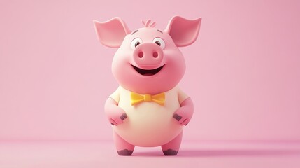 Cute cartoon pig, happy and cheerful, wearing a bow tie