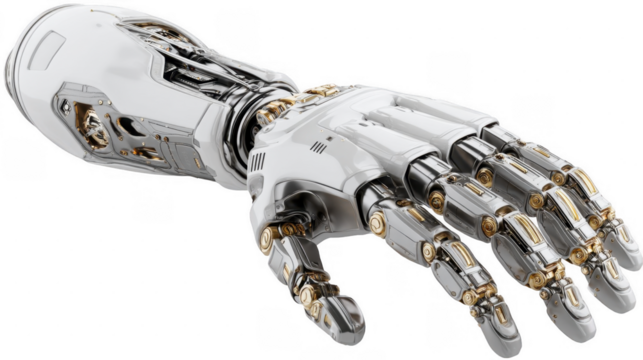 Robotic Hand 3D Render of Advanced Prosthetic Arm isolated on transparent background