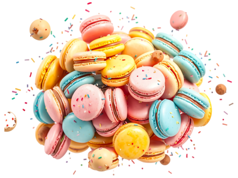 Colorful Macarons Flying with Sprinkles Dessert on a transparent background