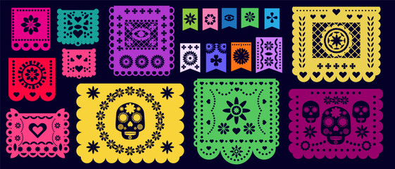 Big set mexican papel picado paper for mexican holiday  Cinco de Mayo  Vector flat  illustration