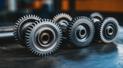 Intricate gear wheels on a table, closeup view of metallic precision 