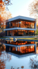 Fototapeta premium Modern glass house reflected in tranquil autumn lake Large windows showcase interior autumn foliage