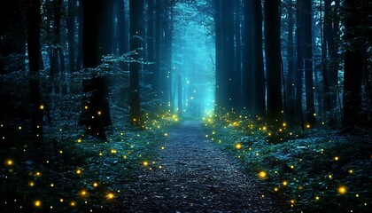 Mystical Forest Path with Dark Trees and Glowing Fireflies in Blue Hues