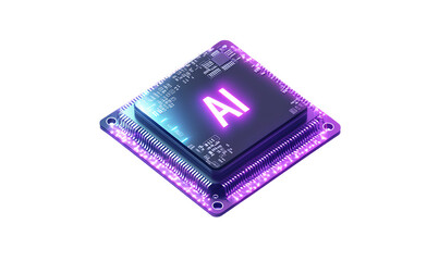 3D icon of an artificial intelligence chip with the letters AI on it, white background, transparent PNG