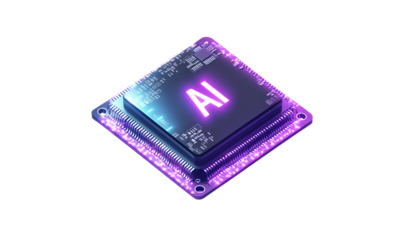 3D icon of an artificial intelligence chip with the letters AI on it, white background, transparent PNG
