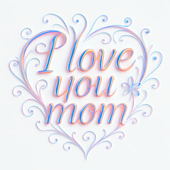 Stylized “I Love You Mom” Typography with Neon-Pastel Blue and Pink Lettering, Ornate Heart-Shaped Flourishes, and Delicate Floral Accent on White Background – Elegant Mother’s Day Greeting Art